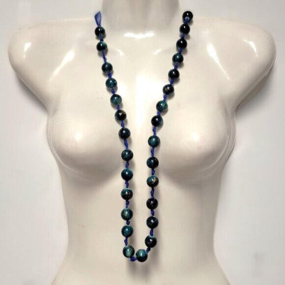 Blue Beaded Long Necklace on a Ribbon - Picture 2 of 8